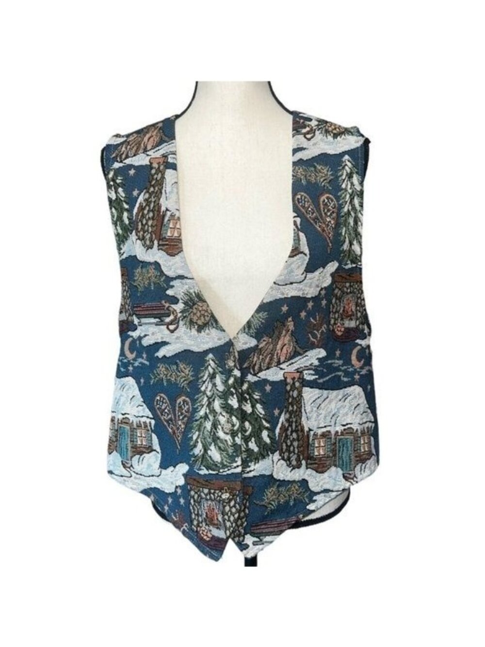 Backroad Blues Winter Scene Tapestry Vest Womens L Satin Backing Vintage